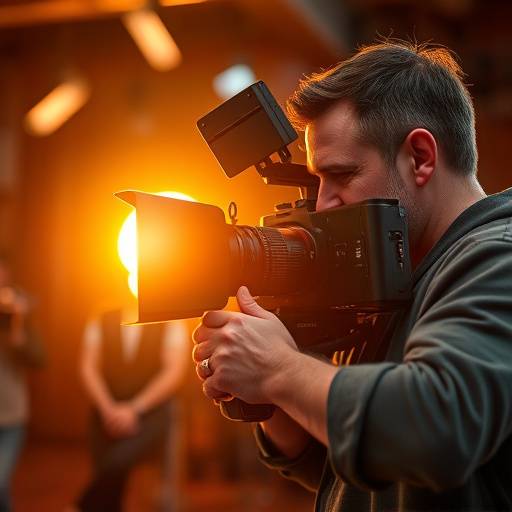 A director looking through the camera lens during a film shoot.
