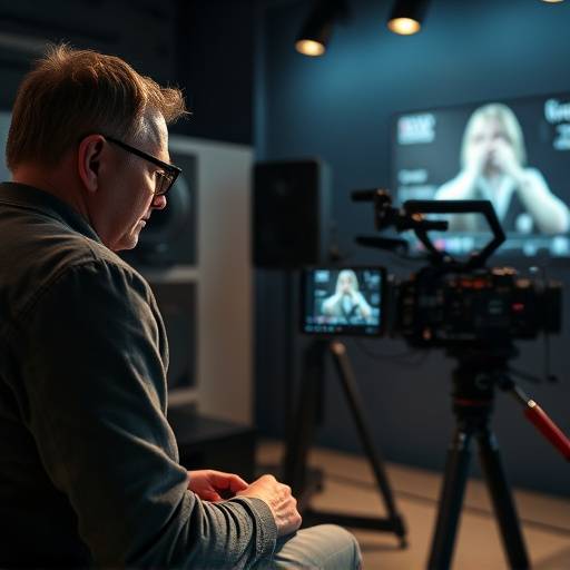 A director reviewing footage on a monitor with a video editor in a post-production suite.