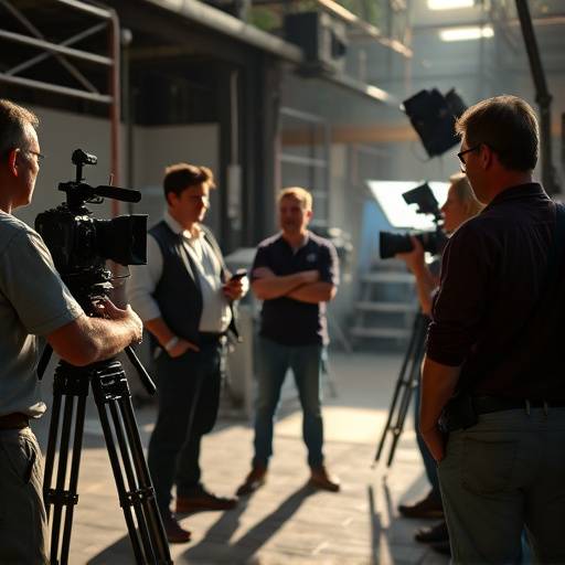 A film set with crew members collaborating and discussing a scene.