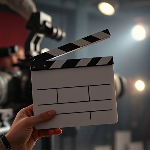 A film slate being held in front of a camera during a movie shoot.