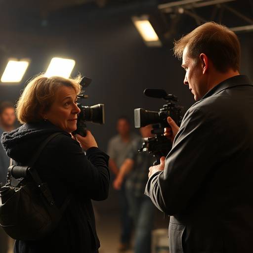 An actor on a film set receiving direction from the director during a scene.