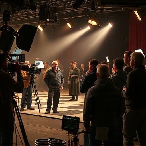 Film crew setting up a scene with actors in costume on a movie set.