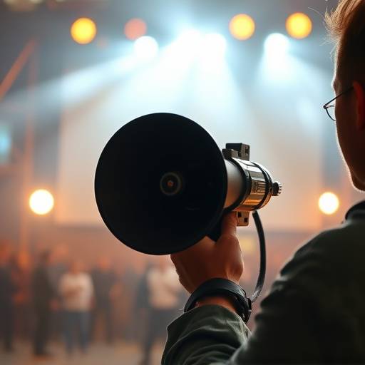 Image of a camera lens focused on a director holding a megaphone during a film shoot.