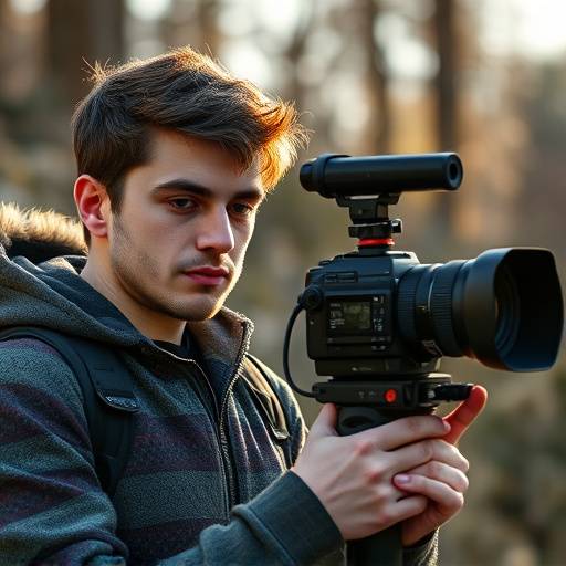 Portrait of Kirill Petrov, a student from Advanced Cinematography for Directors course, holding a camera on set.
